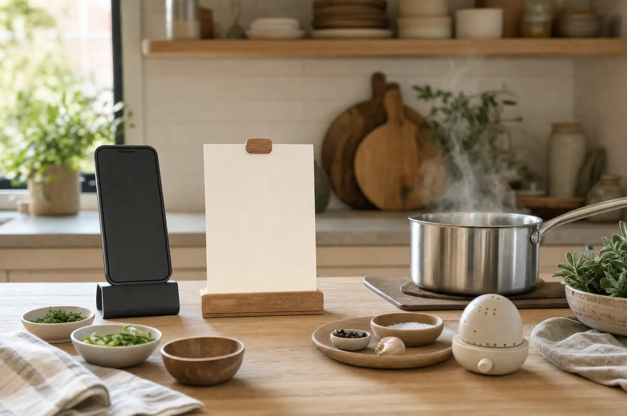 A dark phone on a stand, a blank card on a wooden holder, a saucepan, timer, and prepared ingredients.