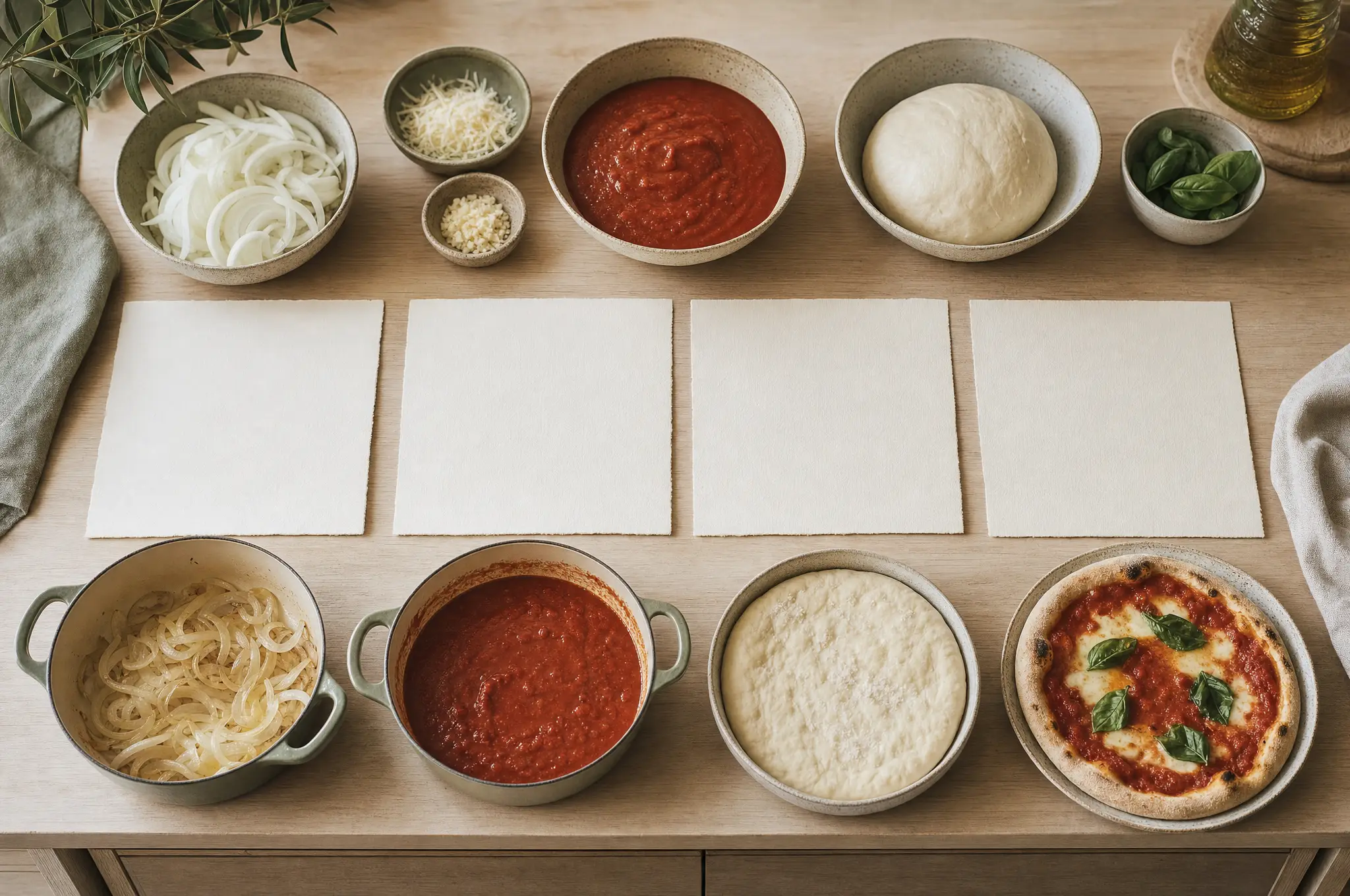 Four blank cards arranged between bowls of onions, seasonings, sauces, pasta, and a finished pizza.