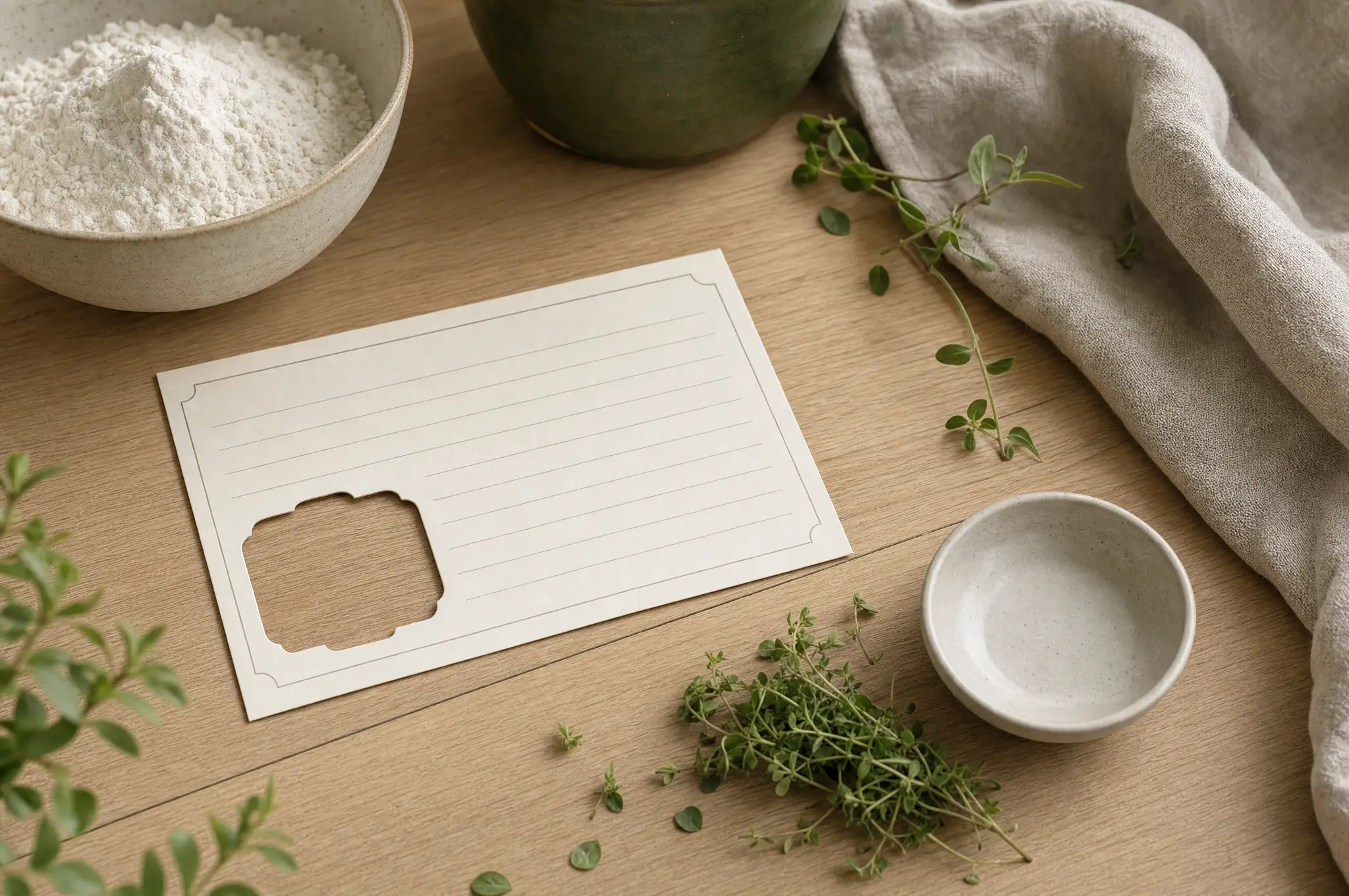 A blank lined recipe card with a square cutout beside flour, herbs, linen, and a small white bowl.