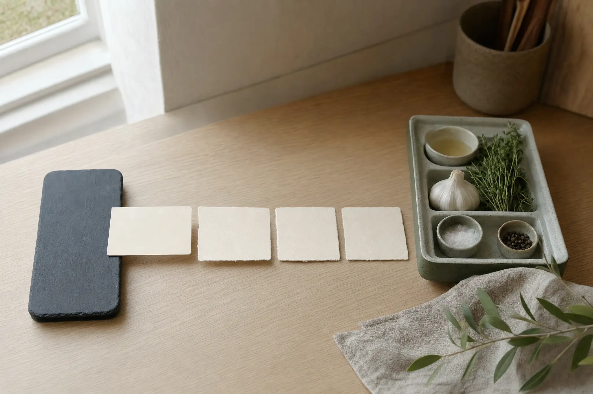 A phone-shaped slate passing a recipe link card toward an organized ingredient tray on a kitchen table.