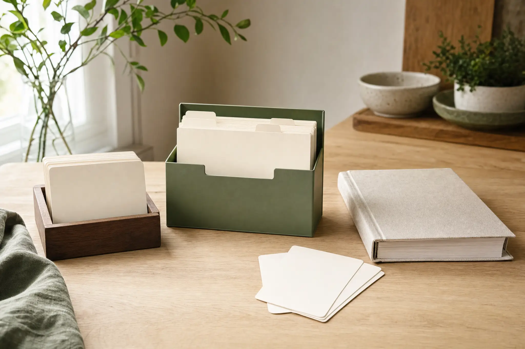 A wooden card tray, sage-green tabbed recipe box, closed linen cookbook, and blank loose cards on a kitchen table.