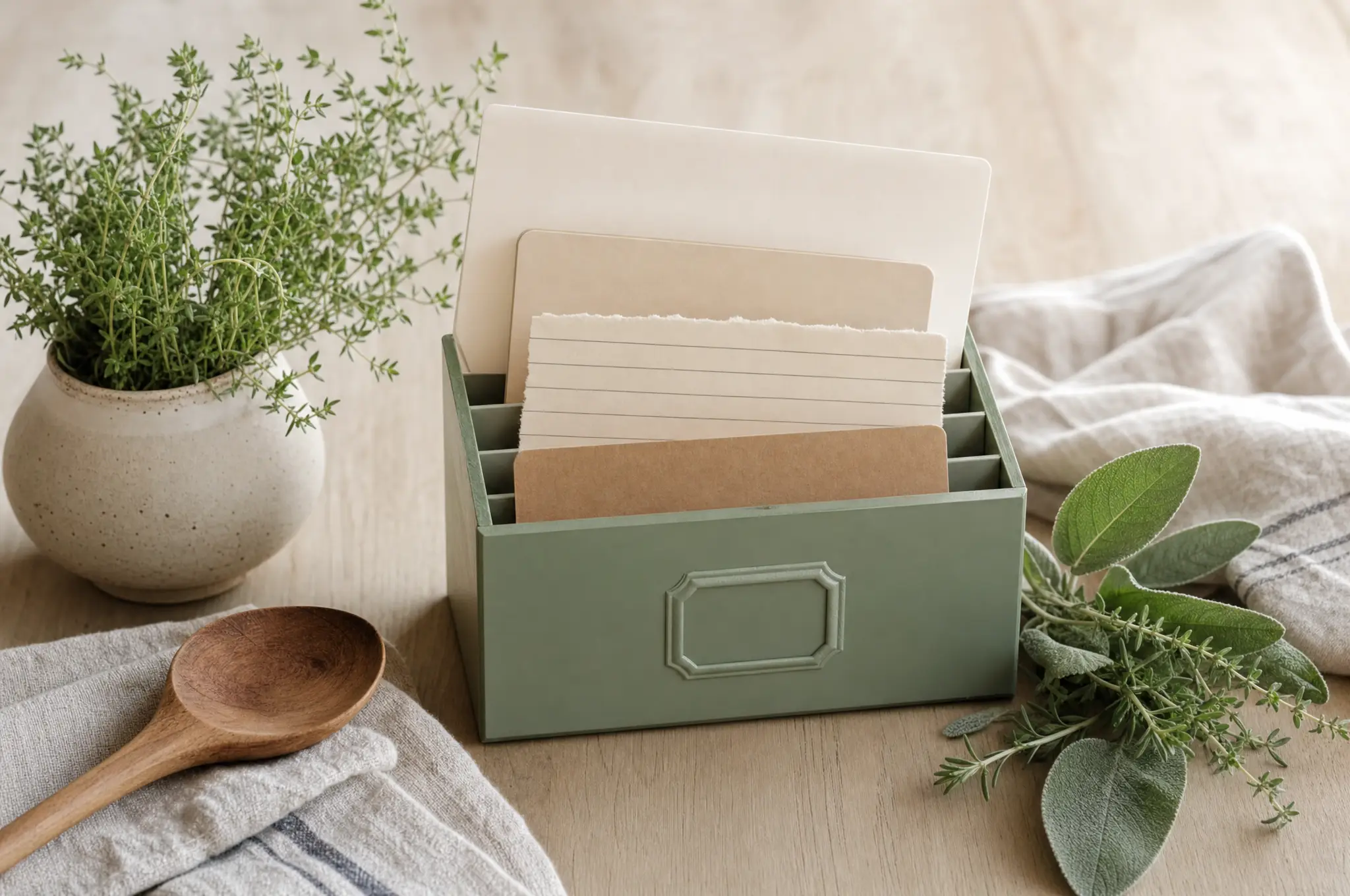 A sage-green recipe card file with blank tabbed cards beside herbs, a wooden spoon, and folded linen.