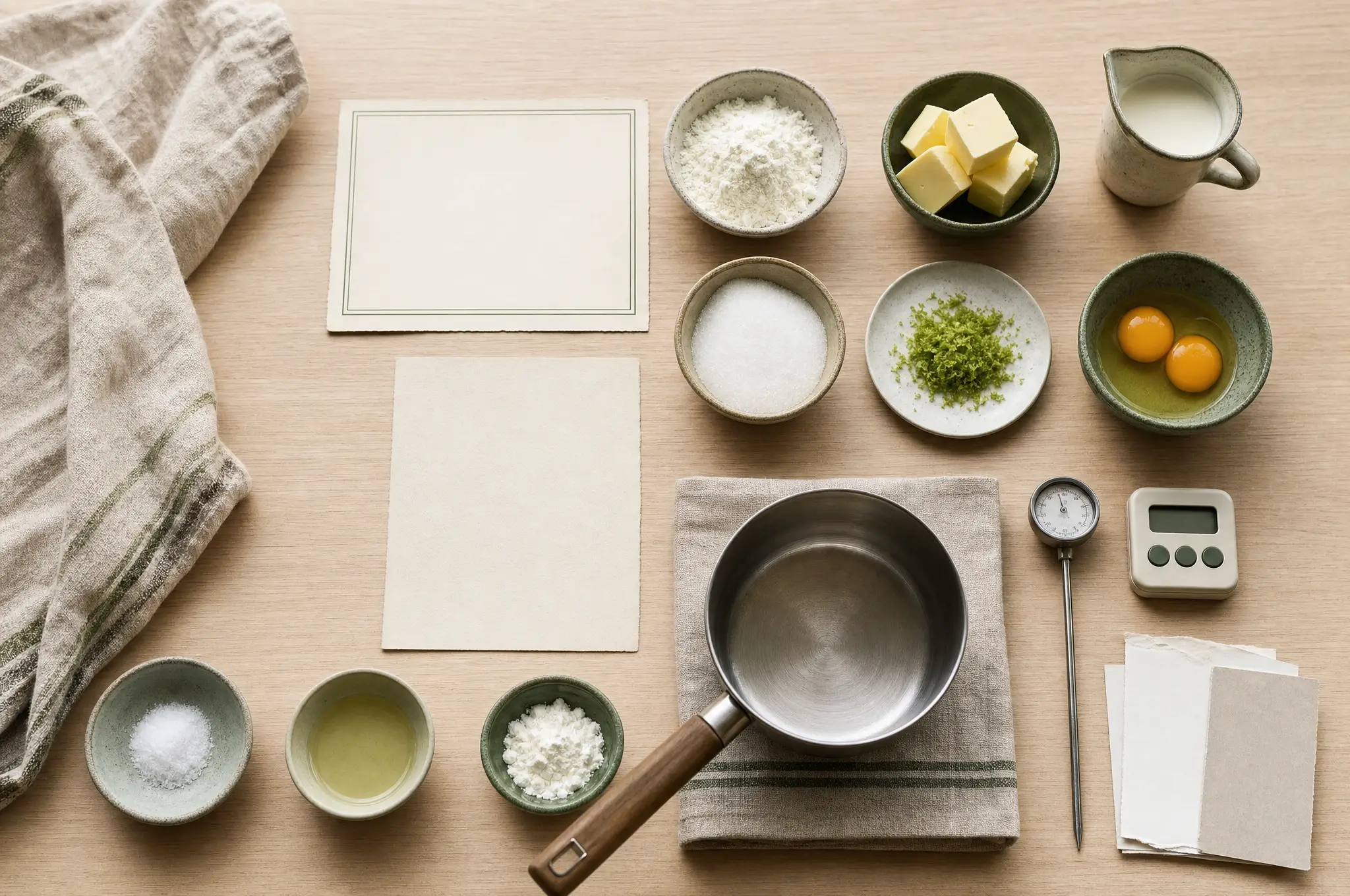 A recipe card, ingredient bowls, pan, and timer arranged as a calm pre-cooking review station.