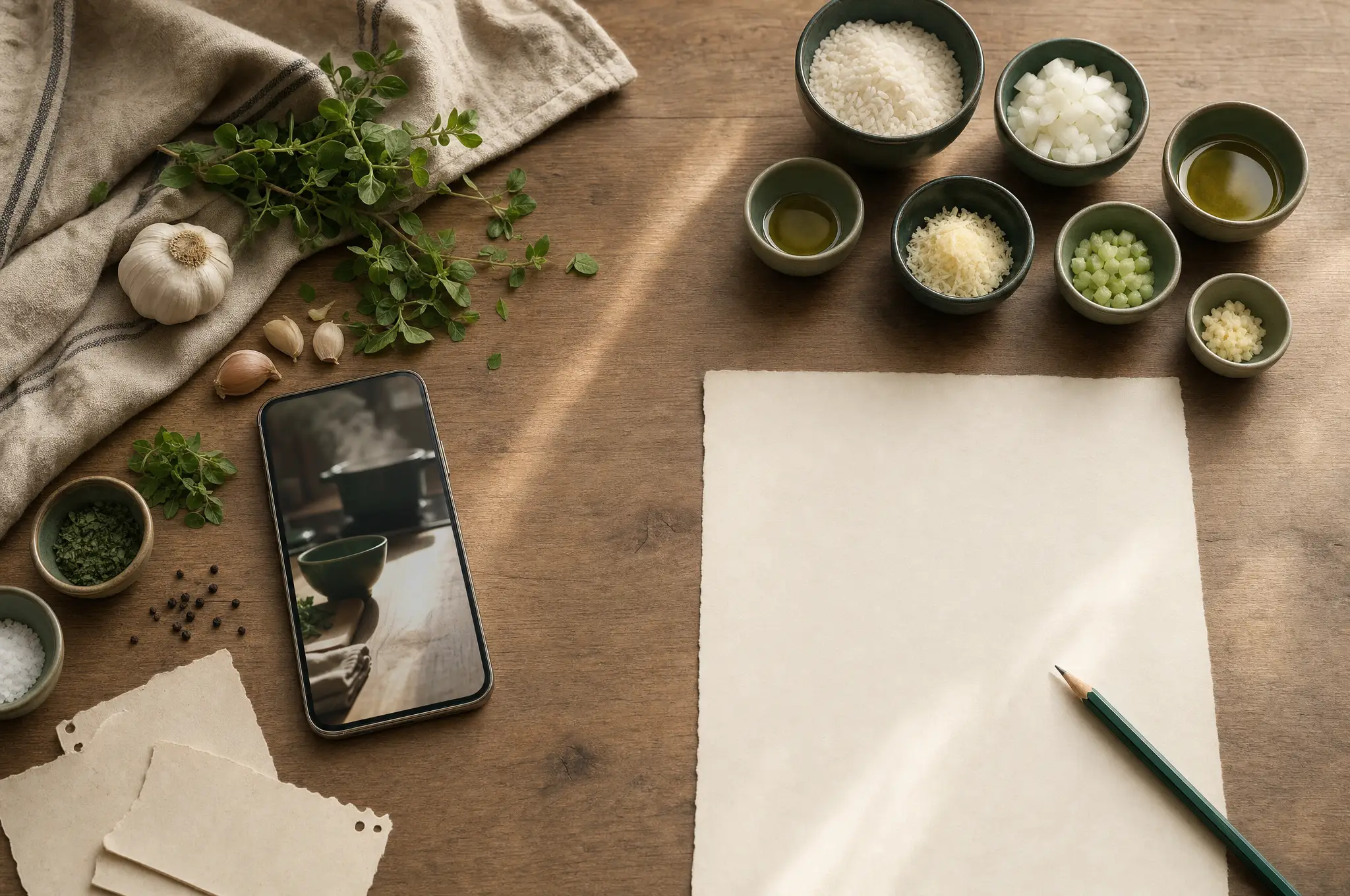 A kitchen workbench with incomplete paper fragments on one side and measured ingredients with a clean recipe sheet on the other.