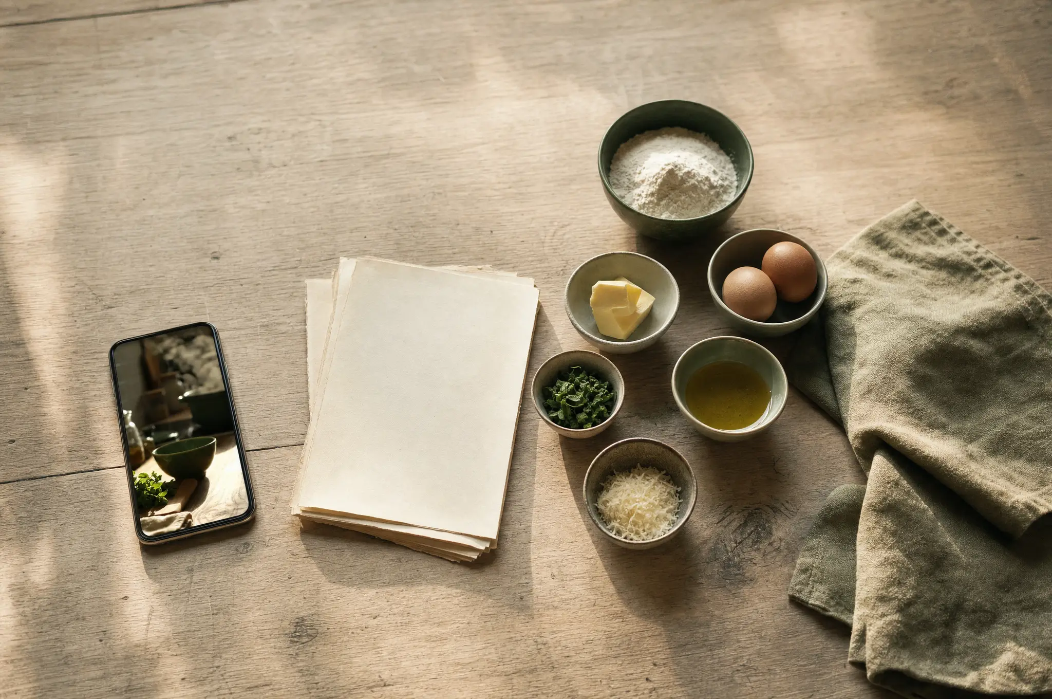 A dark phone showing food beside measured ingredients, herbs, a blank recipe sheet, and loose paper cards.