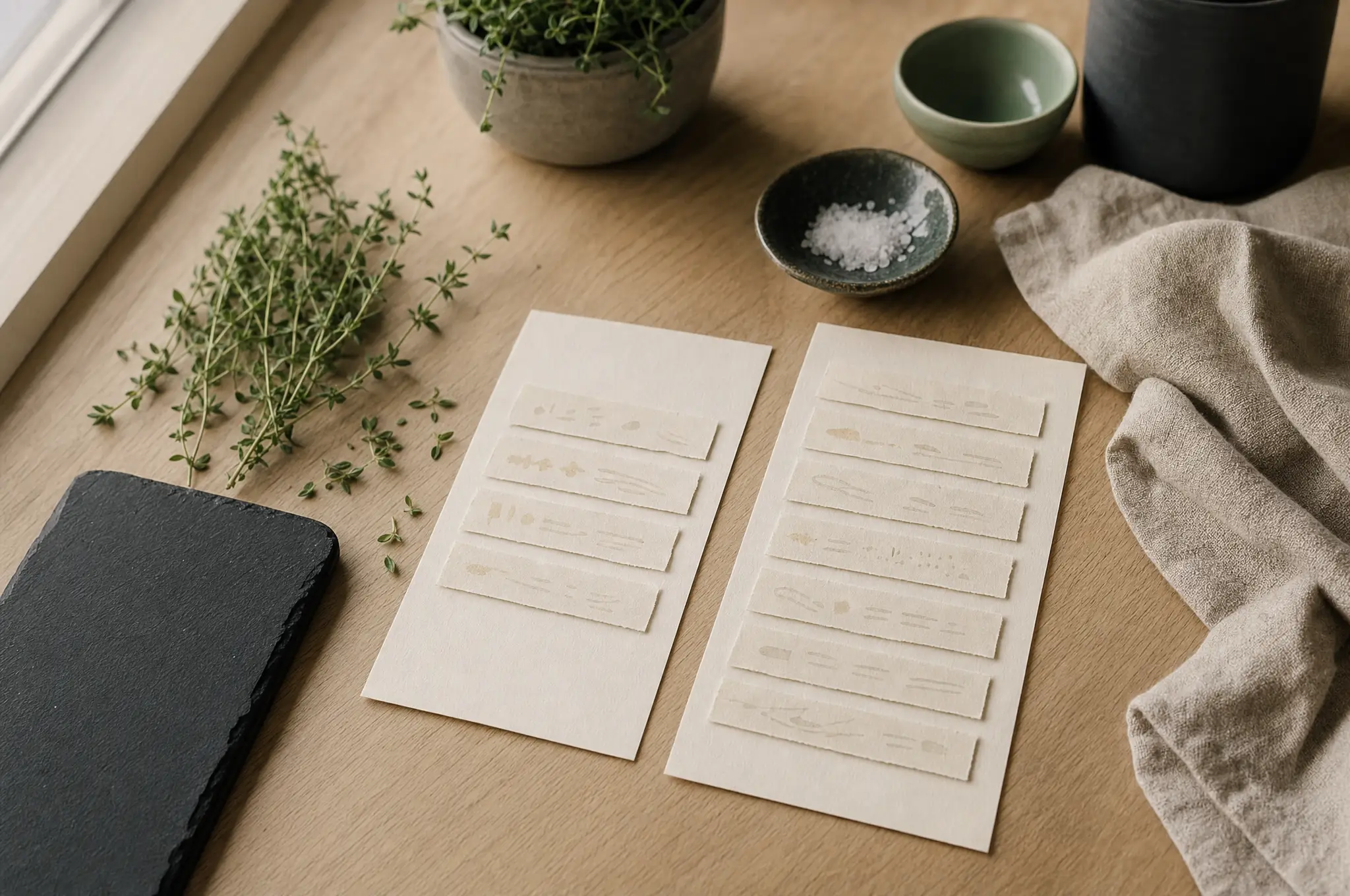 Selected lines on an abstract paper strip becoming separate ingredient and method cards beside kitchen herbs.