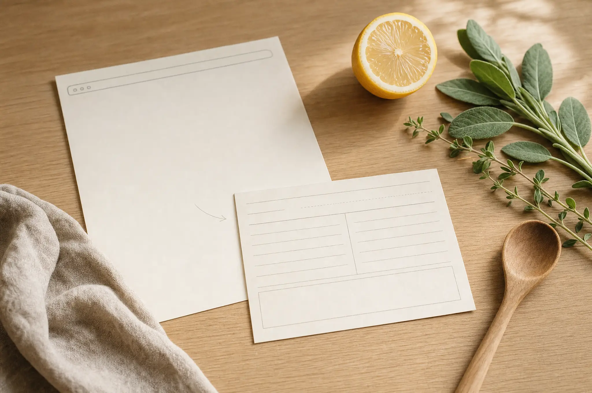 A browser page represented by a blank paper beside an organized recipe card, lemon, herbs, and a wooden spoon.