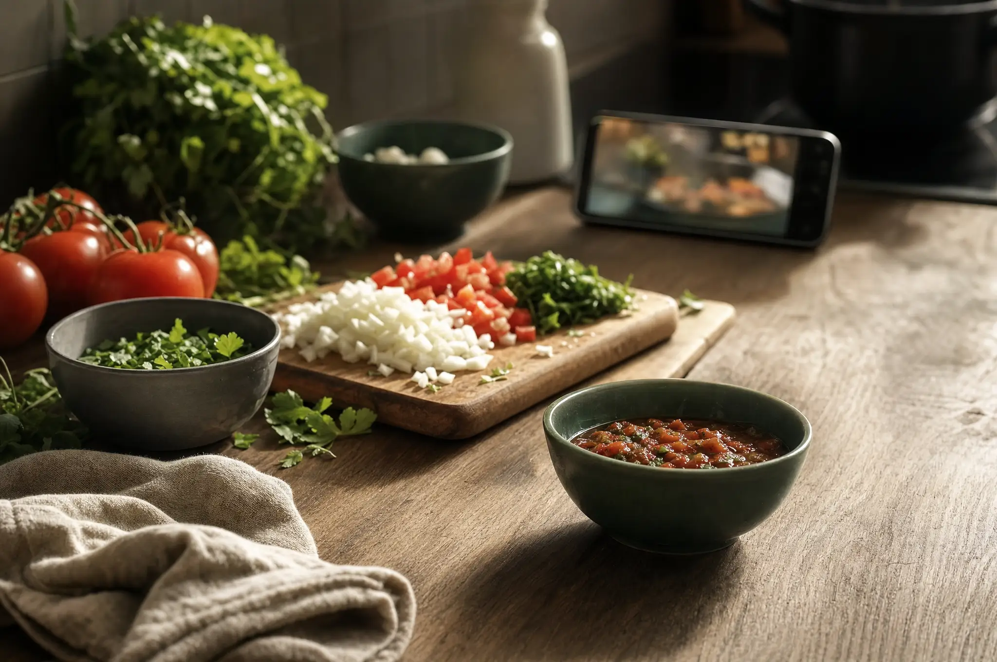 A dark phone showing food beside eggs, flour, herbs, oil, and a stack of blank cards on a wooden table.