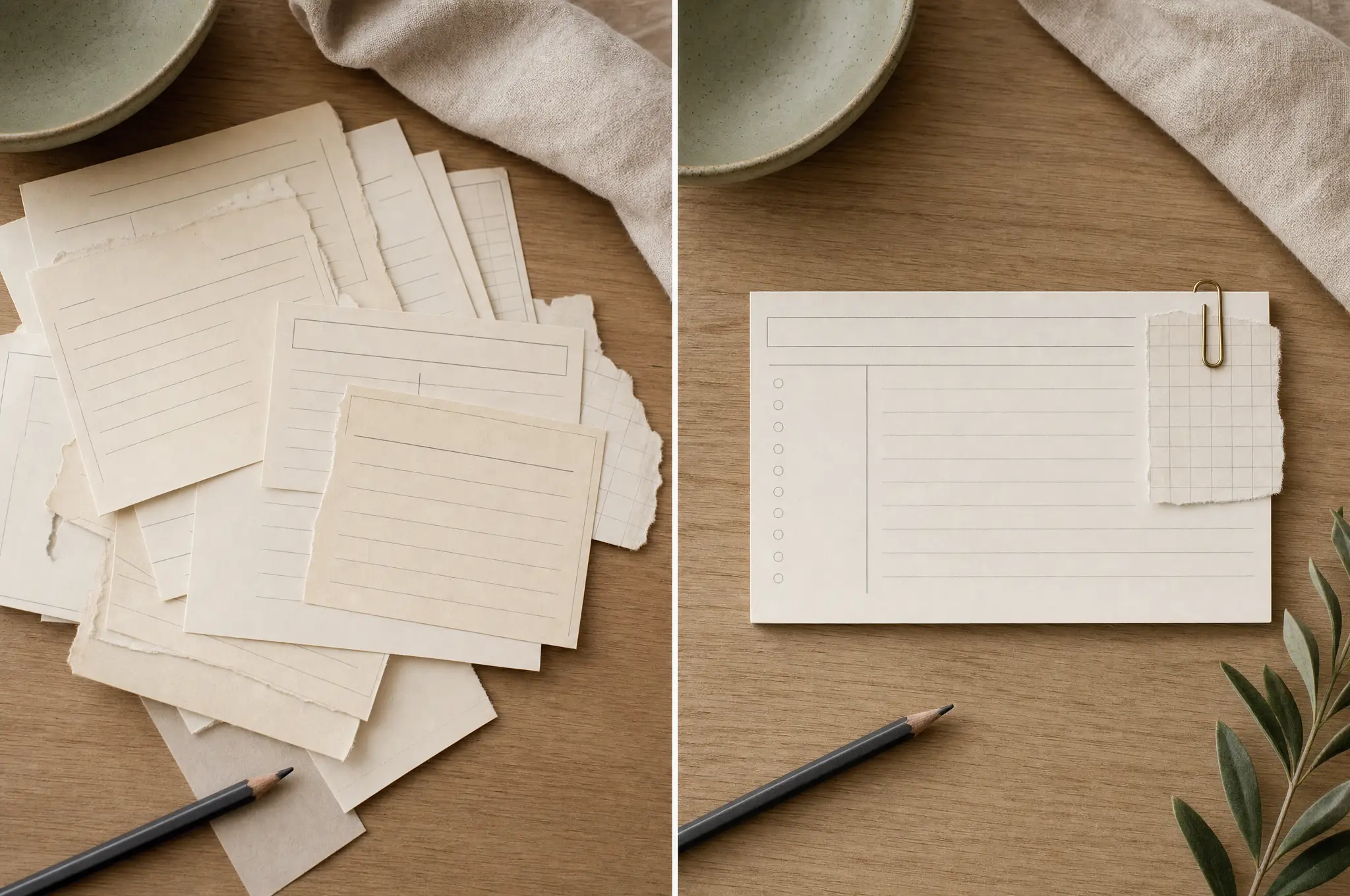 Loose blank paper fragments beside a neat blank recipe card held with a metal clip and a pencil.