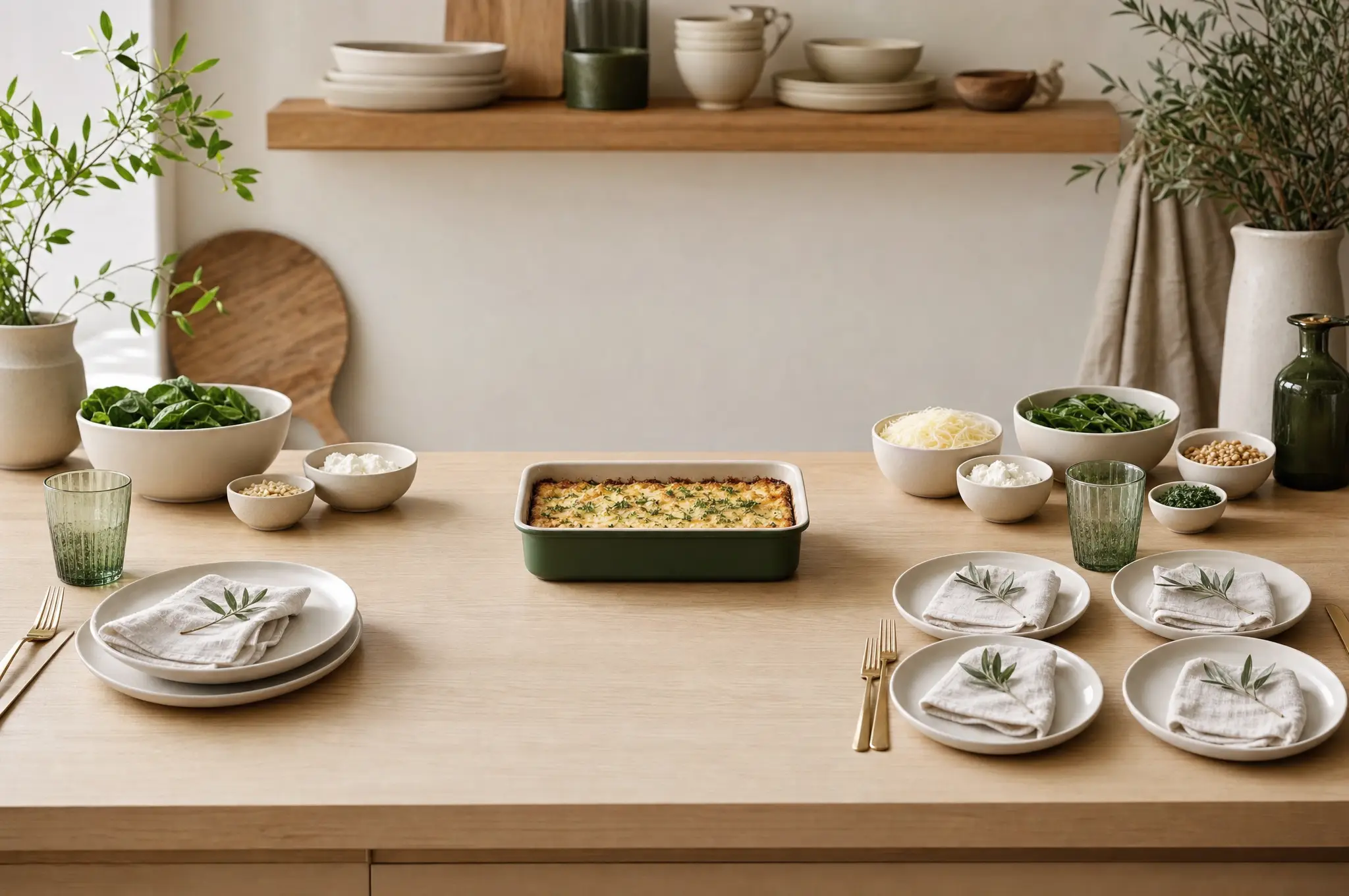Two and four place settings beside proportionally arranged ingredient bowls and one unchanged baking pan.