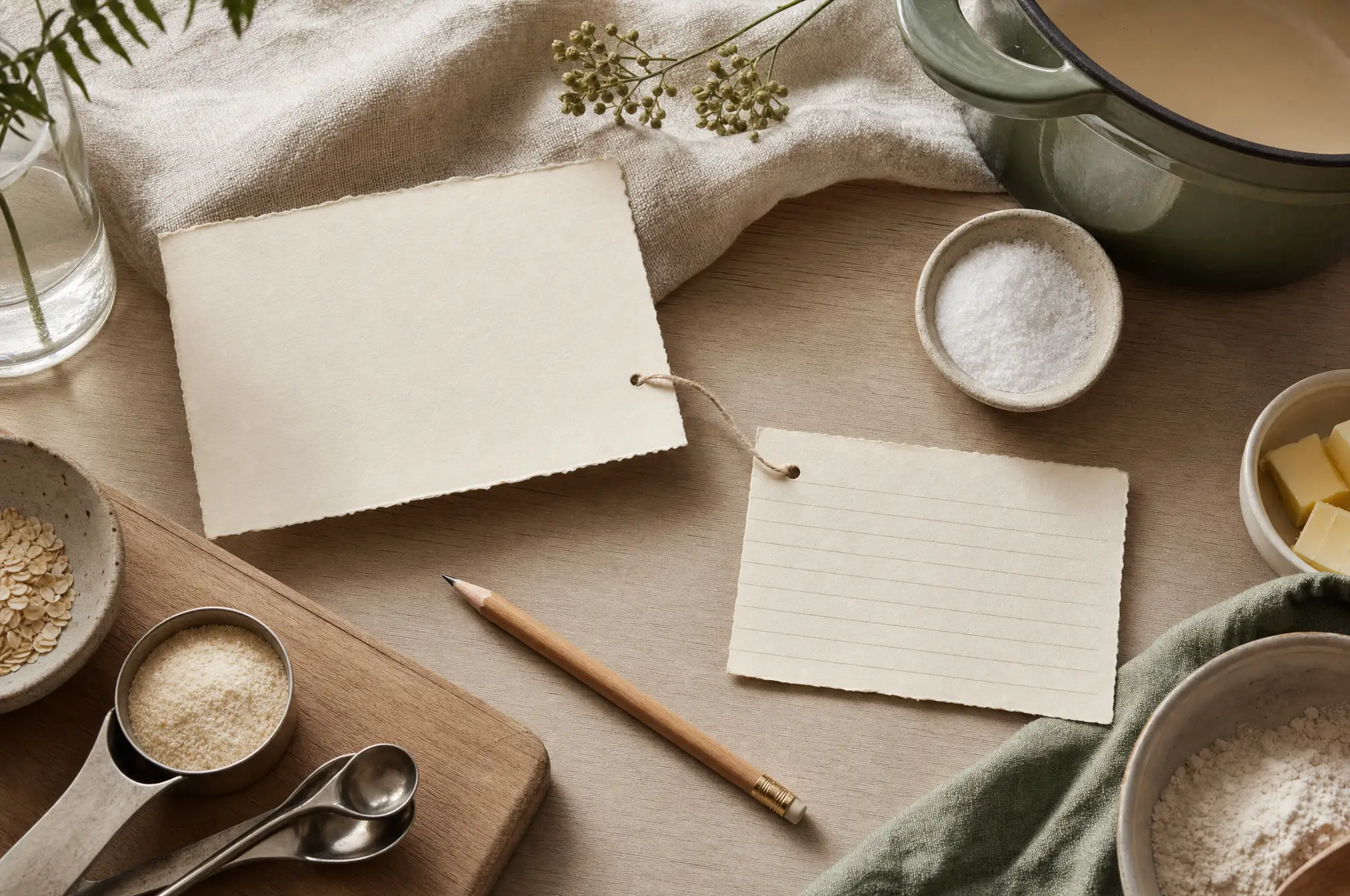 A large and a small blank recipe card tied together beside a pencil, saucepan, measuring spoon, and ingredients.
