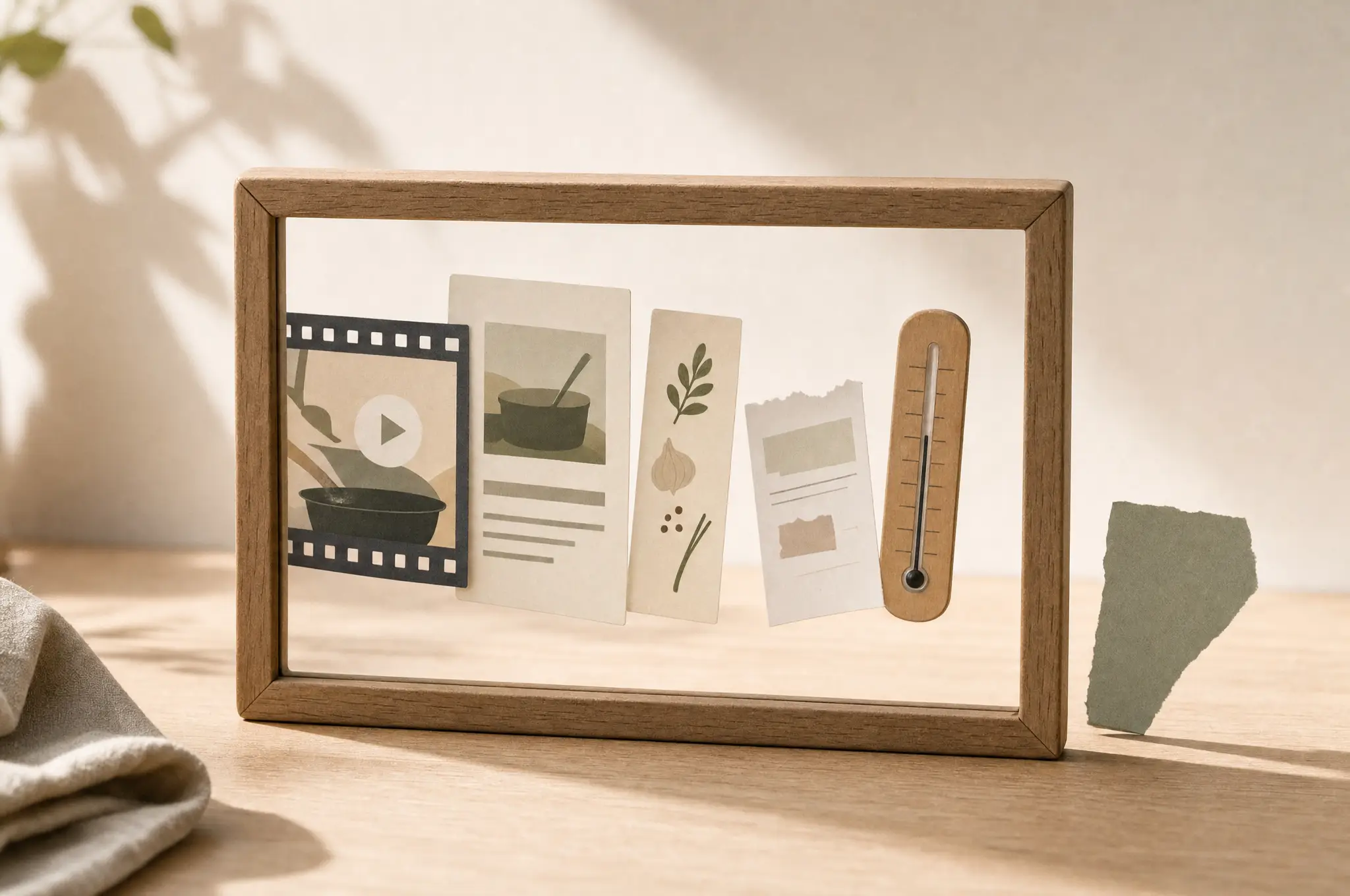 A framed kitchen collage with a small video strip, checklist-like paper shapes, an herb sprig, and a wooden utensil.