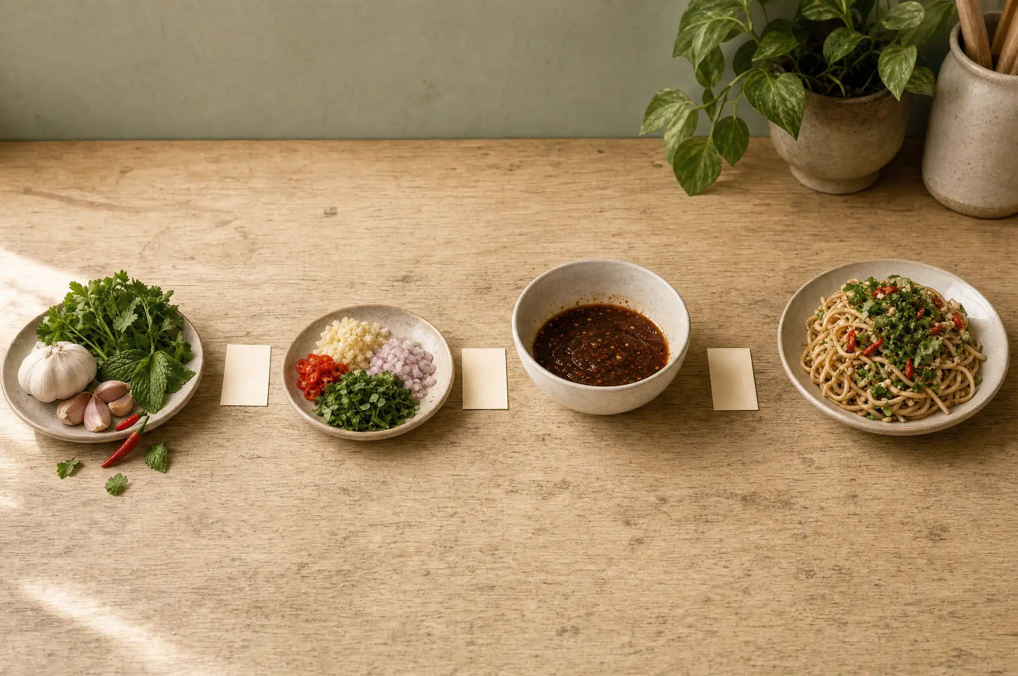 Four ingredient bowls arranged in sequence with small blank cards, from garlic and herbs to a finished noodle dish.